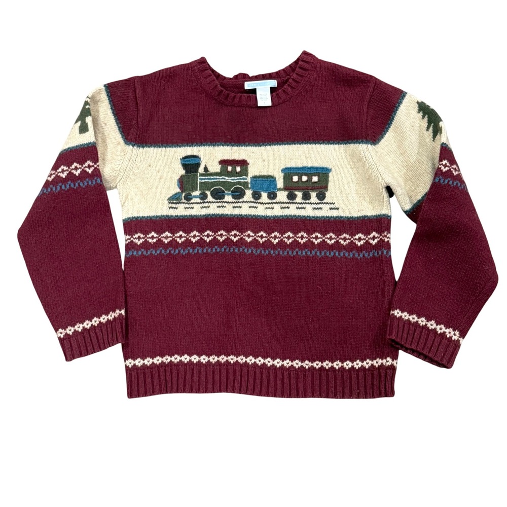 Janie and Jack Boy Burgundy Train Intarsia Knit Sweater Cotton Wool Blend Size 7